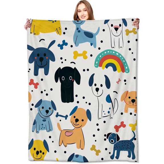 Cute Dog Blanket Cartoon Playful Pup Rainbow and Bone Throw Blankets,Birthday Gifts for Kids & Pet Lovers,Lightweight Soft Fleece for Sofa Couch Bed Room Travel Decor 40x50in