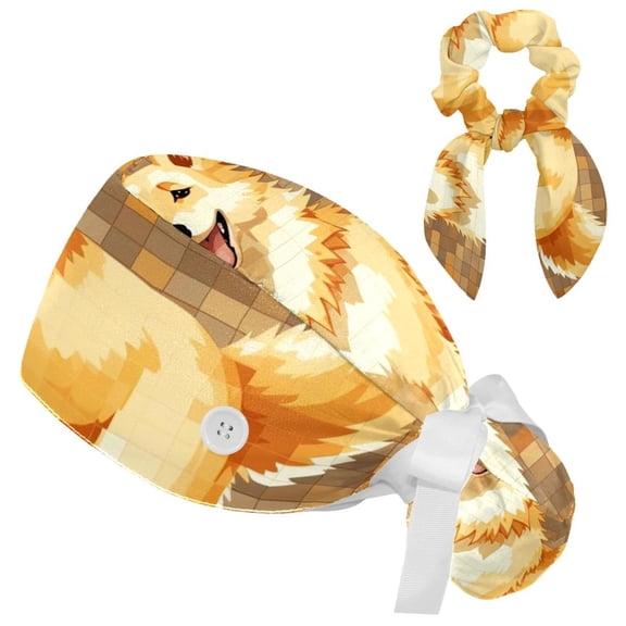 Cute Dog Bouffant Cap with Bow Hair Matching Scrunchy for Woman One Size