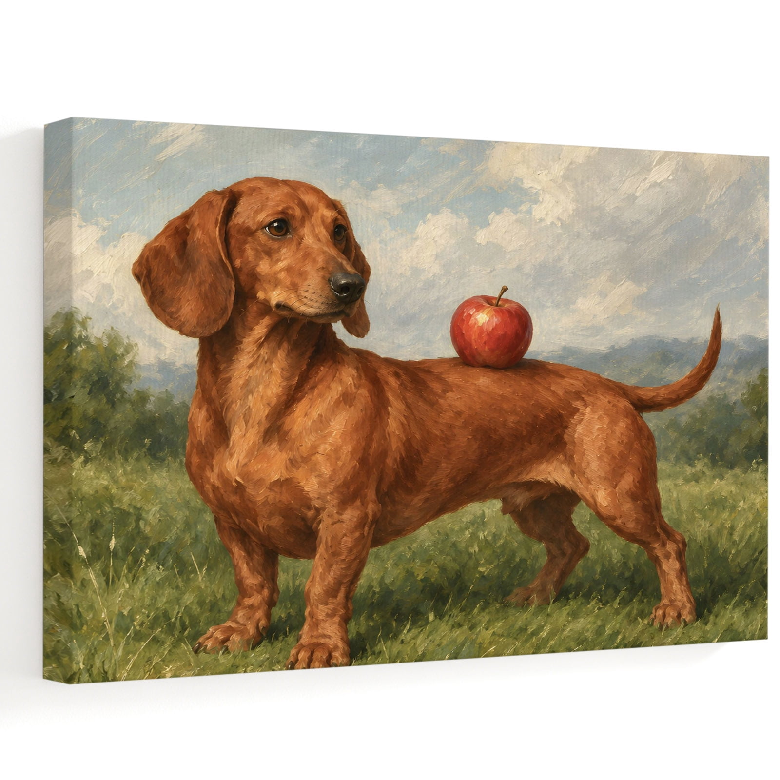 Cute Dog Canvas Wall Art, Rustic Realism Dachshund Dog Grassy Field Sky ...