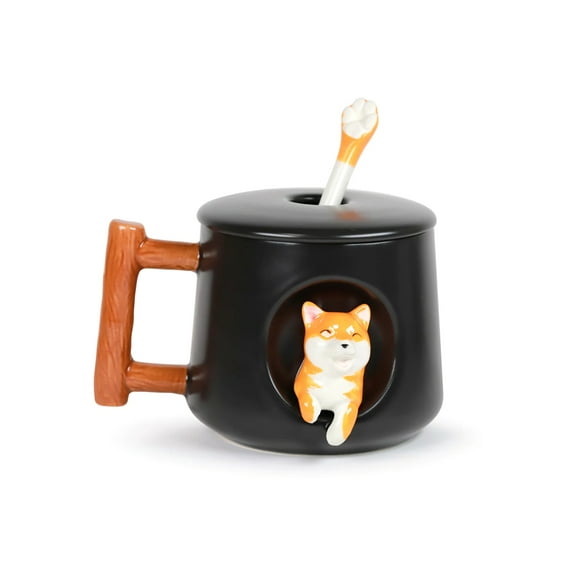 Cute Dog Ceramic Mug Wood Handle Design With Spoon And Lid