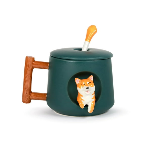 Cute Dog Ceramic Mug Wood Handle Design With Spoon And Lid