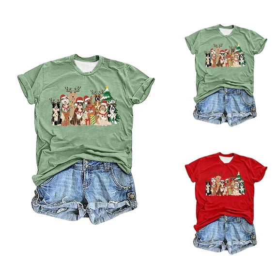 Cute Dog Christmas Shirts for Women 2025 Short Sleeve Crewneck Graphic T Shirt for Dog Lovers Holiday Xmas Blouse Tops