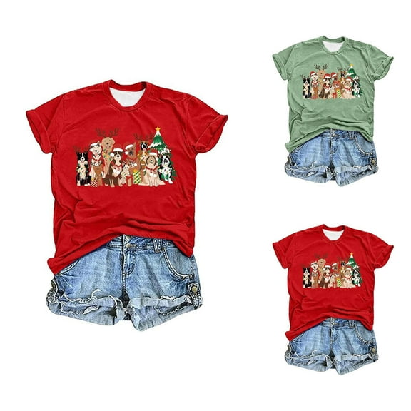 Cute Dog Christmas Shirts for Women 2025 Short Sleeve Crewneck Graphic T Shirt for Dog Lovers Holiday Xmas Blouse Tops