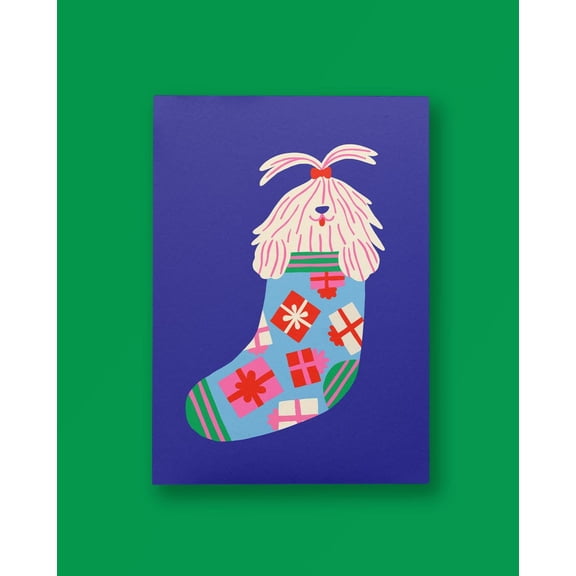 Cute Dog in Christmas Stocking Card - Whimsical Holiday Greeting Card for Pet Lovers - Blank Inside – Perfect for Christmas, Birthdays, or Any Occasion