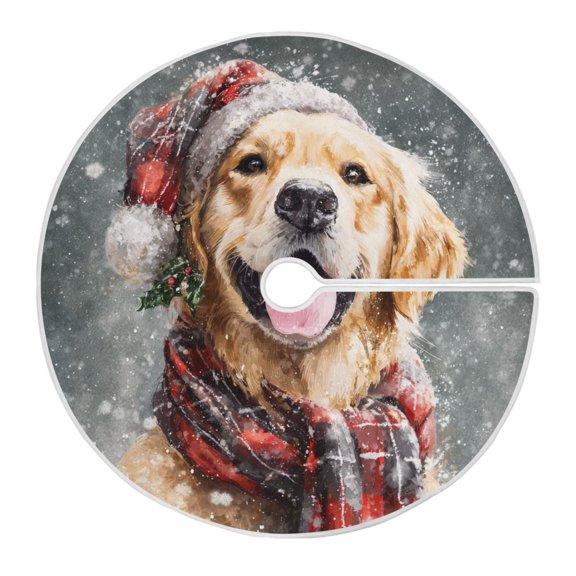 Cute Dog Christmas with Plaid Scarf Christmas Tree Skirt Opening Design Floor Protection Holiday Decor 35.4" Diameter S