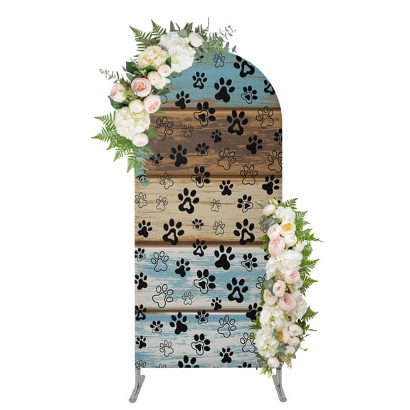 Cute Dog Claws Arch Backdrop Cover 4FT, Farmhouse Blue Wooden Puppy Pawprints Spandex Fitted Stretchy Arch Stand Covers, Round Top Chiara Backdrop Cover for Wedding Party Birthday Baby Shower