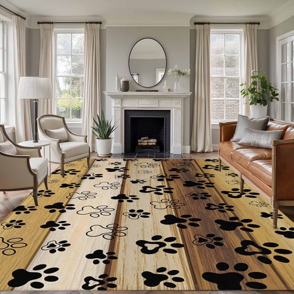 Cute Dog Claws Area Rug 5x7 Washable Rug Non Slip Farmhouse Brown Wooden Grain Puppy Pawprints Large Area Rug Soft Stainresistant Indoor Floor Carpet for Living Room Bedroom Home Office Dining Room