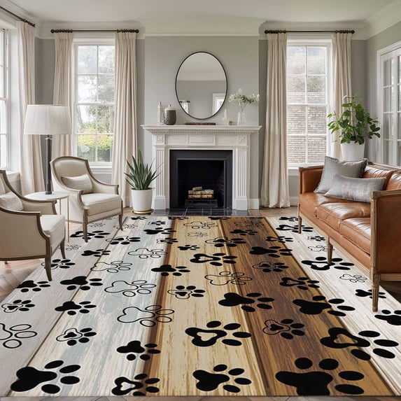 Cute Dog Claws Area Rug 5x8 Washable Rug Non Slip Farmhouse Brown Grey Wooden Puppy Pawprints Large Area Rug Soft Stainresistant Indoor Floor Carpet for Living Room Bedroom Home Office Dining Room