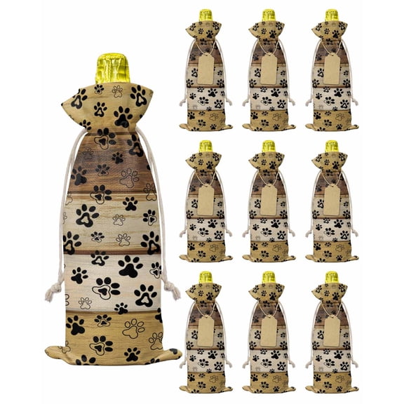 Cute Dog Claws Burlap Wine Bags 10 PCS, Farmhouse Brown Wooden Grain Puppy Pawprints Wine Gift Bags Bottle Covers with Drawstring for Holiday Party Wedding Birthday, Reusable Champagne Bottle Bag