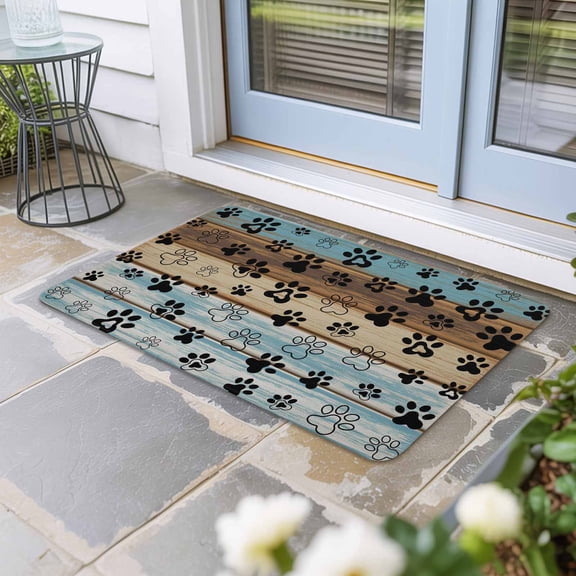 Cute Dog Claws Door Mat Indoor Outdoor, Farmhouse Blue Wooden Puppy Pawprints Non Slip Welcome Mat with Rubber Backing, Absorbent Fabric Front Door Mats Entryway Rug for Home Patio Entrance 24"x36"