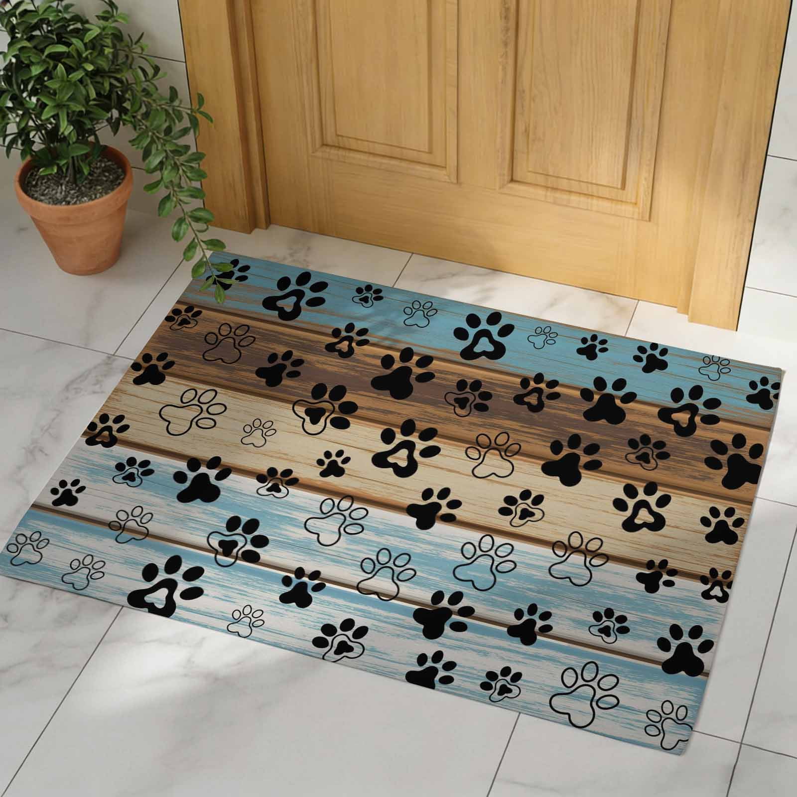 Cute Dog Claws Door Mat, Non Slip Bathroom Rugs, Farmhouse Blue Wooden Puppy Pawprints Absorbent Floor Mats, Washable Runner Rug Indoor Doormat for Front Door Entrance, Patio, Garage 20"x31.5"