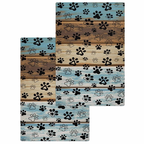 Cute Dog Claws Hand Towels Set,Waffle Weave Kitchen Towels 2 Pieces,Microfiber Hair Face Bath Tea Towel Absorbent Quick Drying Cleaning Dish Cloths,Farmhouse Blue Wooden Puppy Pawprints 15.7"x23.6"