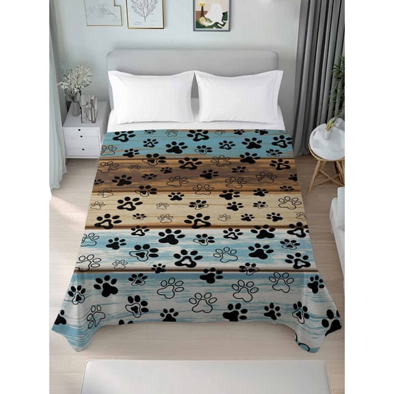 Cute Dog Claws King Size Flat Sheet, Wrinkleproof & Fadeproof Cooling Flat Bed Sheet Only, Farmhouse Blue Wooden Puppy Pawprints Breathable Soft Bedding Top Sheets 105 x 98 Inches