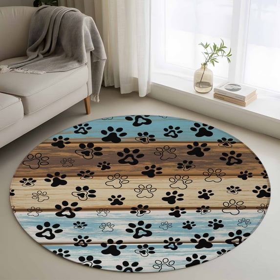 Cute Dog Claws Round Area Rug 3 FT, Small Kitchen Bathroom Mats, Farmhouse Blue Wooden Puppy Pawprints Washable Indoor Outdoor Throw Runner Carpet Non-Shedding Doormat for Table Shower Sofa Entryway