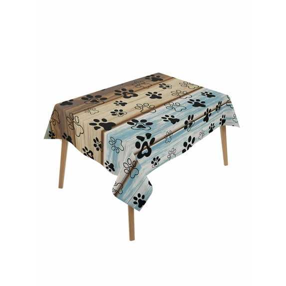Cute Dog Claws Table Cloth, Farmhouse Blue Wooden Puppy Pawprints Waterproof Tablecloth for Rectangle Tables, Reusable Washable Fabric Table Cover for Restaurant Kitchen Dining Tables 52"x70"