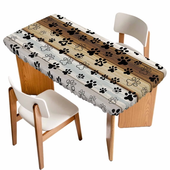 Cute Dog Claws Table Cloths for 6 Foot Rectangle Tables, Farmhouse Brown Grey Wooden Puppy Pawprints Patio Waterproof Elastic Fitted Tablecloths, Washable Rectangular Table Cover for Camping