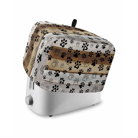 Cute Dog Claws Toaster Cover 4 Slice, Large Kitchen Appliance Covers, Farmhouse Brown Grey Wooden Puppy Pawprints Toaster Oven Cover with Loop, Bread Machine Cover Polyester Dust Cover Protection