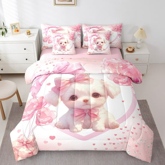 Cute Dog Comforter Set with Sheets Kawaii Puppy Pink Bowknots 7 Piece Bedding Set Twin Size Happy Valentine'S Day Bed in a Bag Super Soft Bedding Comforters Chird Bedroom Decor