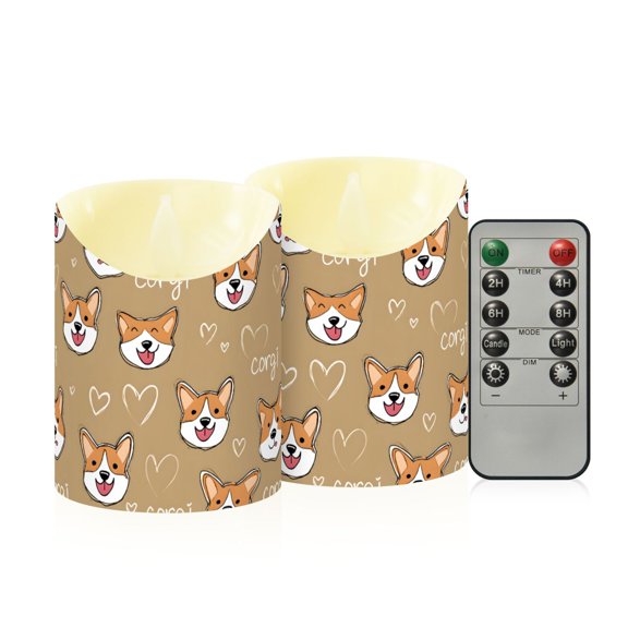 Cute Dog Corgi Face Pattern Flameless Candles 2 PCS with Remote Realistic Moving Flame LED Tapered Pillar Set for Home Decor