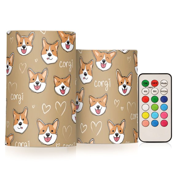 Cute Dog Corgi Face Pattern Flameless LED Candle Set with Remote, Battery Operated Color Changing Pillar Candles, Set of 2