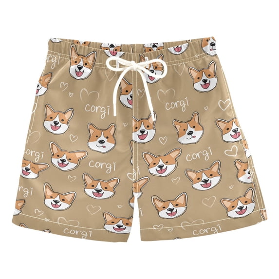 Cute Dog Corgi Face Pattern Swim Trunks Quick Dry Beach Pool Board Shorts Lightweight Stylish Print Sizes 2T to XL