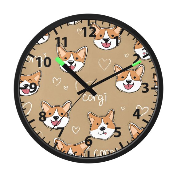 Cute Dog Corgi Face Pattern Wall Clock 12 Inch Voice Activated Night Light Silent Non Ticking