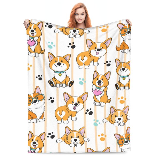 Cute Dog On A Striped Soft Sofa Throw Blanket Warm Flannel Fleece