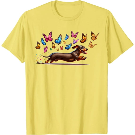 Cute Dog Cute Dachshund With Butterflies Unisex T-Shirt for Men Women Kids,Cornsilk Color,Size 2XL