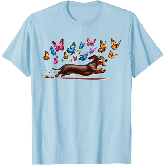 Cute Dog Cute Dachshund With Butterflies Unisex T-Shirt for Men Women Kids,Light Blue Color,Size YXS