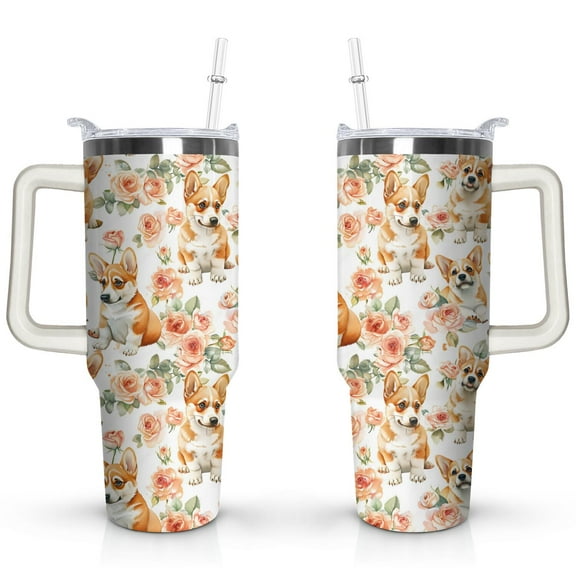 Cute Dog Design 40oz Tumbler with Handle - Double Wall Insulated Coffee Mug for Women - Dog Mom Gift Travel Cup with Straw