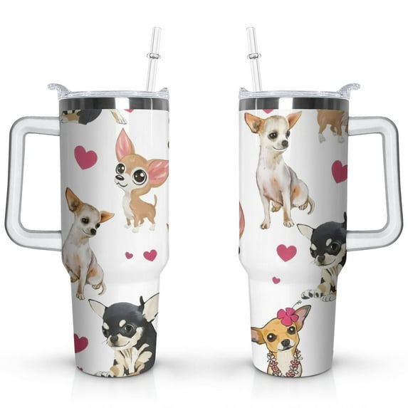 Cute Dog Design 40oz Tumbler with Handle - Double Wall Insulated Coffee Mug for Women - Dog Mom Gift Travel Cup with Straw