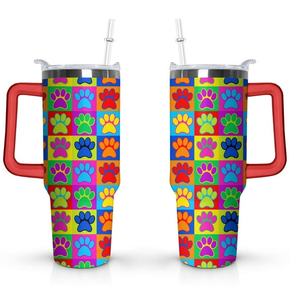 Cute Dog Design 40oz Tumbler with Handle - Double Wall Insulated Coffee Mug for Women - Dog Mom Gift Travel Cup with Straw