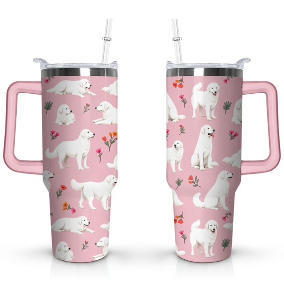 Cute Dog Design 40oz Tumbler with Handle - Double Wall Insulated Coffee Mug for Women - Dog Mom Gift Travel Cup with Straw