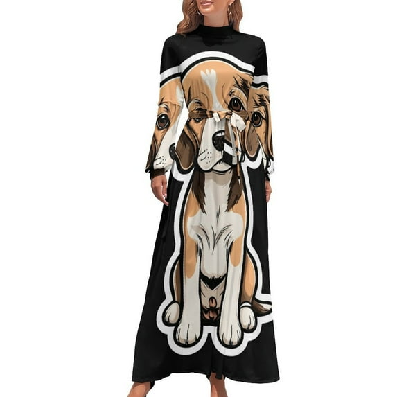 Cute Dog Design Women's Long Dress Long Sleeves Dress Vintage Dresses Party Maxi Dress High Waist Dress