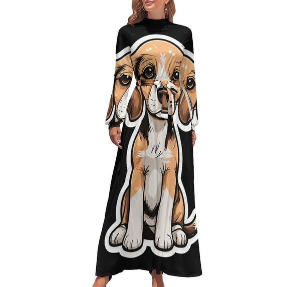 Cute Dog Design Women's Long Dress Long Sleeves Dress Vintage Dresses Party Maxi Dress High Waist Dress