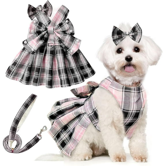 Cute Dog Dress Clothes for Small Dogs Cats Girl Female Pink Plaid Bow Tie Dog Harness Dresses Leash Set with Pearls Bow Accessories Birthday Puppy Dress Shih Tzu Yorkies Chihuahua Outfits