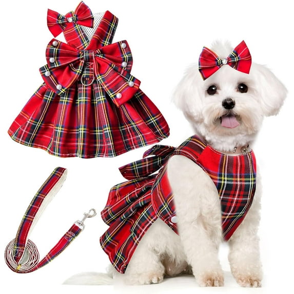 Cute Dog Dress Clothes for Small Dogs Cats Girl Female Pink Plaid Bow Tie Dog Harness Dresses Leash Set with Pearls Bow Accessories Birthday Puppy Dress Shih Tzu Yorkies Chihuahua Outfits