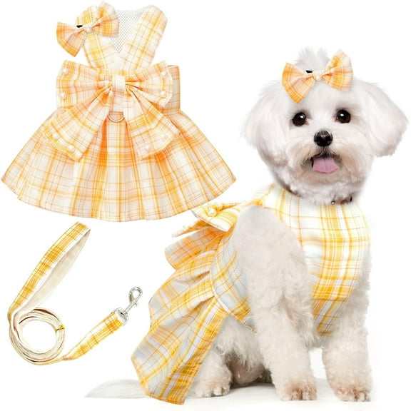 Cute Dog Dress Clothes for Small Dogs Cats Girl Female Pink Plaid Bow Tie Dog Harness Dresses Leash Set with Pearls Bow Accessories Birthday Puppy Dress Shih Tzu Yorkies Chihuahua Outfits