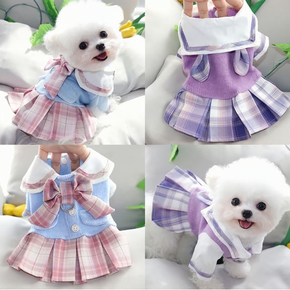 Cute Dog Dress Plaid Pattern Princess Dresses with Bow Decor Puppy Shirt Tutu with Leash Hole Pet Party Birthday Costume for Small Medium Girl Cats Dogs Kitten
