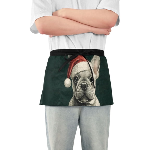 Cute Dog Dress in Christmas Short Server Apron with 3 Pockets for Unisex Chef Gardening