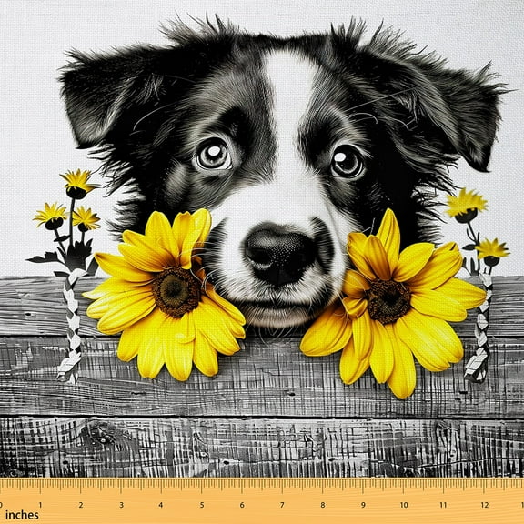 Cute Dog Fabric By The Yard,Wooden Plank Upholstery Fabric,Daisy Flowers Animals DIY Indoor Outdoor Fabric,Kawaii Pet 3D Waterproof Decorative Fabric,Black Grey Yellow White,1 Yard