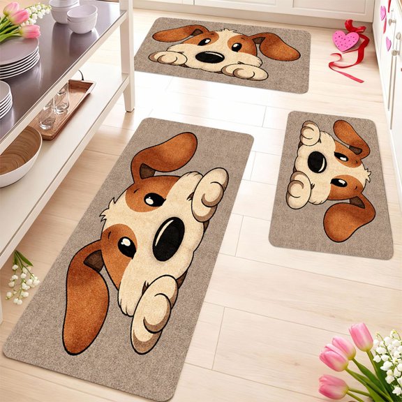 Cute Dog Face Floor Mat, Washable Non-Slip Flannel Mat with PVC Base, Adorable Puppy Print for Entryway Bedroom Bathroom Kitchen Living Room Home Decor Gift