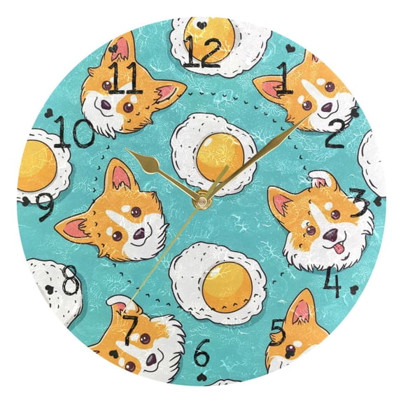 Cute Dog Faces Fried Eggs Round Wall Clock Silent Analog Battery Operated Gold Pointer Home Decor 9.84" Diameter