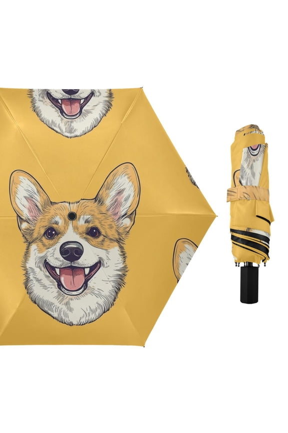 Cute Dog Faces Hand Painted All Weather Umbrella Triple Folding Parasol 6 Ribs UV Protection Portable