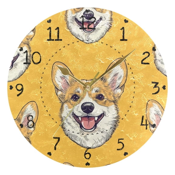 Cute Dog Faces Hand Painted Round Wall Clock Silent Analog Battery Operated Gold Pointer Home Decor 9.84" Diameter