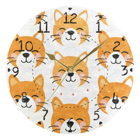 Cute Dog Faces Round Wall Clock Silent Analog Battery Operated Gold Pointer Home Decor 9.84" Diameter
