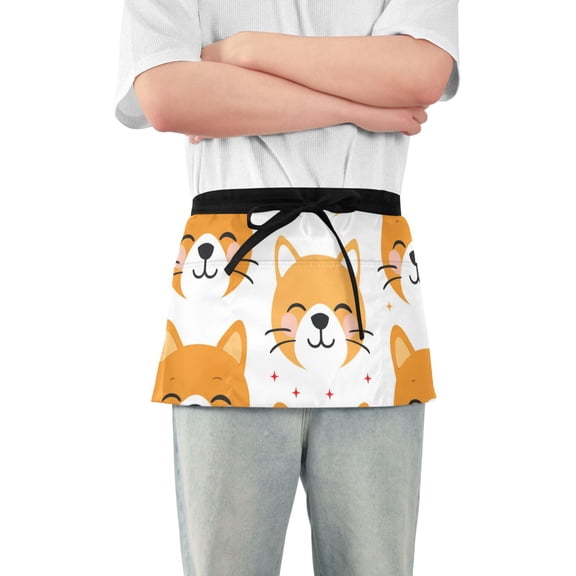 Cute Dog Faces Short Server Apron with 3 Pockets for Unisex Chef Gardening