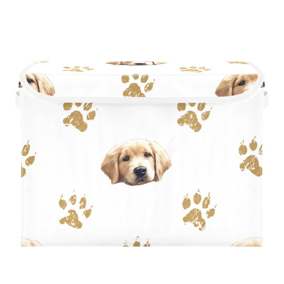 Cute Dog Faces and Paw Prints Foldable Storage Bins with Lids Handles Collapsible Storage Containers Tote Boxes 16.5 x 12.6 x 11.8 inches