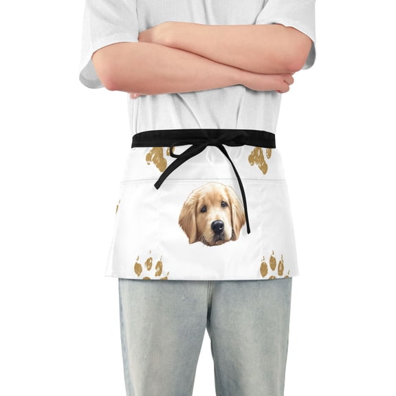 Cute Dog Faces and Paw Prints Short Server Apron with 3 Pockets for Unisex Chef Gardening