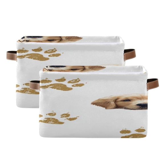 Cute Dog Faces and Paw Prints Square Storage Bins with Handles Collapsible Containing Box 2 Packs